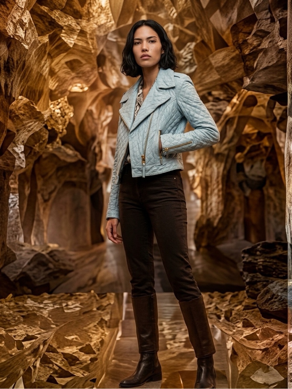 Animale Light Blue Quilted Leather Moto Jacket